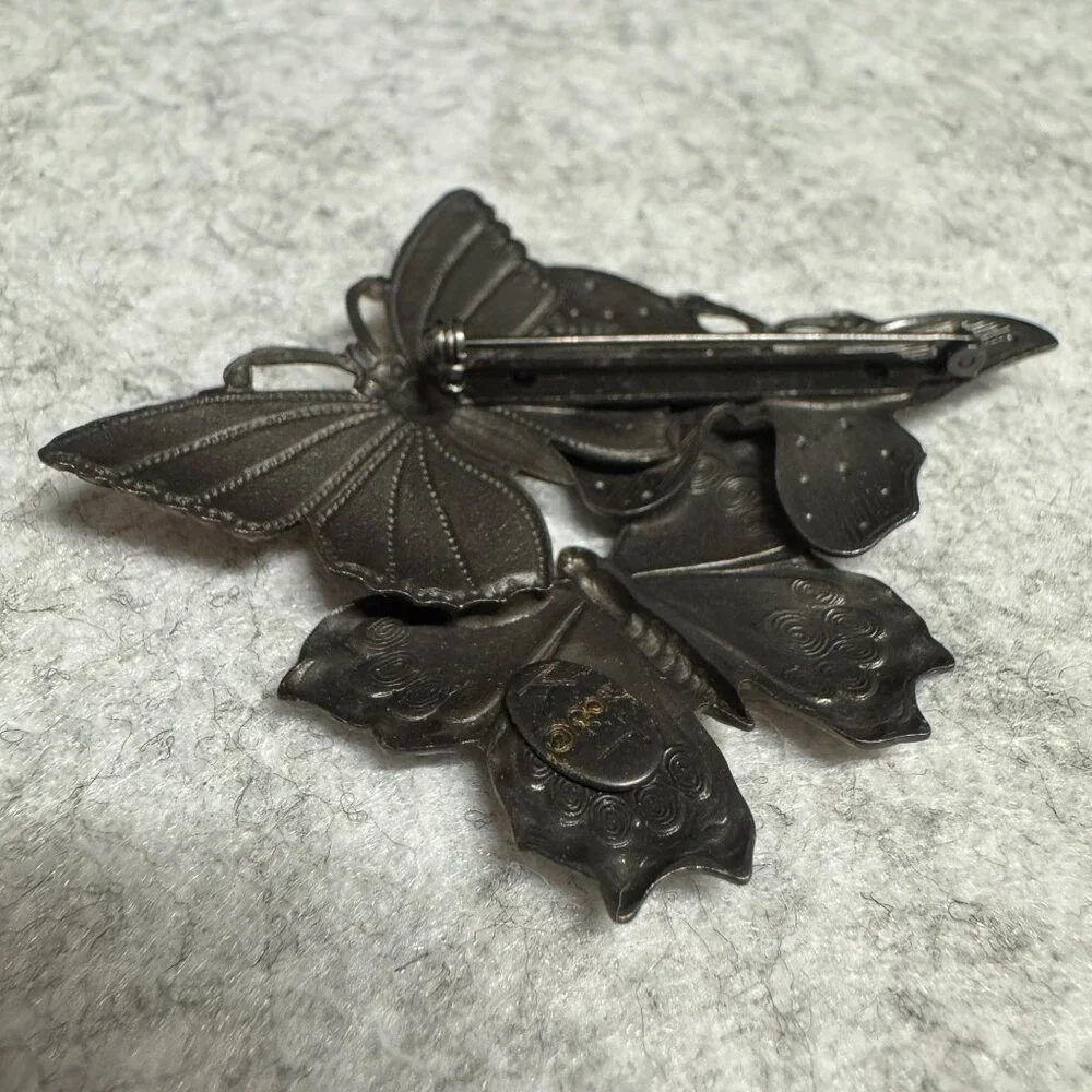Vintage K&T Butterfly Trio Brooch Bronze/Gold/Silver Finish Metal Accent Pin - Picture 3 of 6